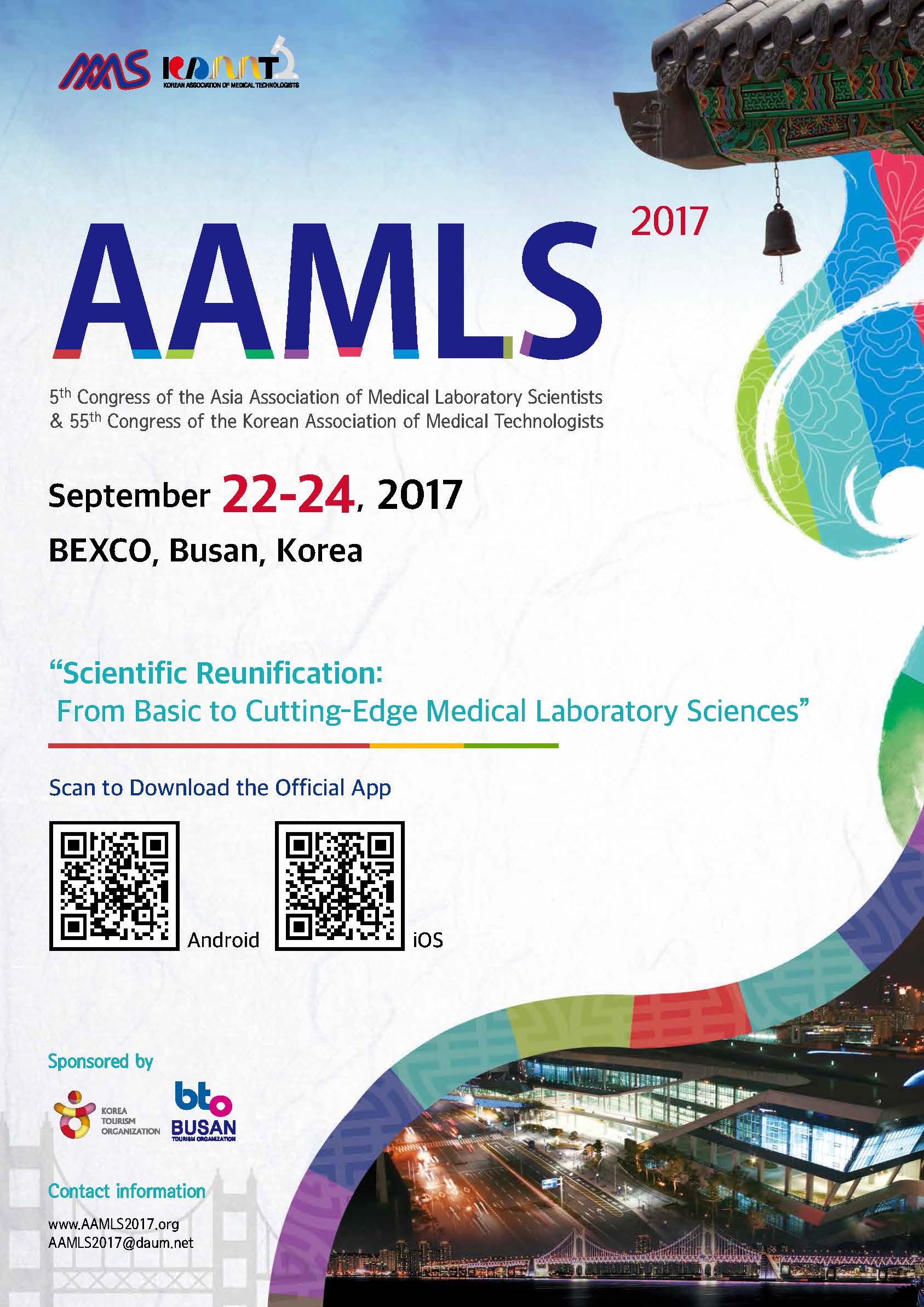 aamls 2017 the 5th congress of the Asia Association of Medical Laboratory Scientists & the 55th congress of the Korean Association of Medical Technologists septemver 22-24, 2017 BEXCO, Busan, Korea